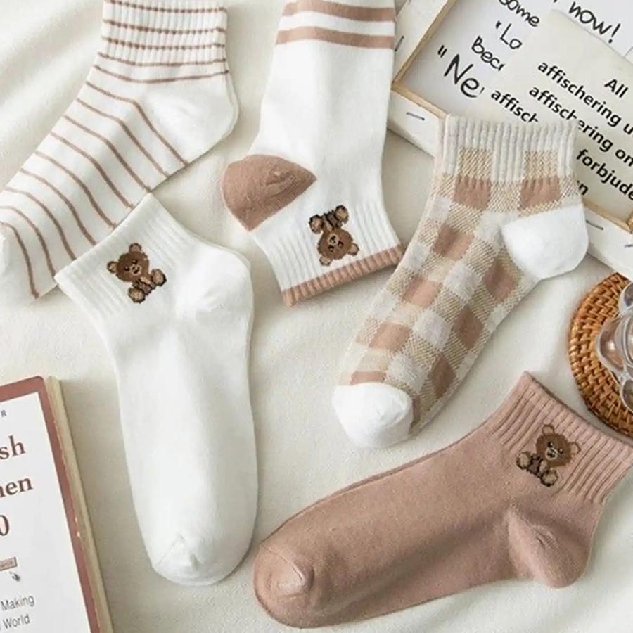 5 párov Dámske členkové ponožky s medvedíkom Trendy Všestranné Pohodlné Roztomilé Krátke ponožky s okrúhlym lemom Mäkké Priedušné Bežné ponožky