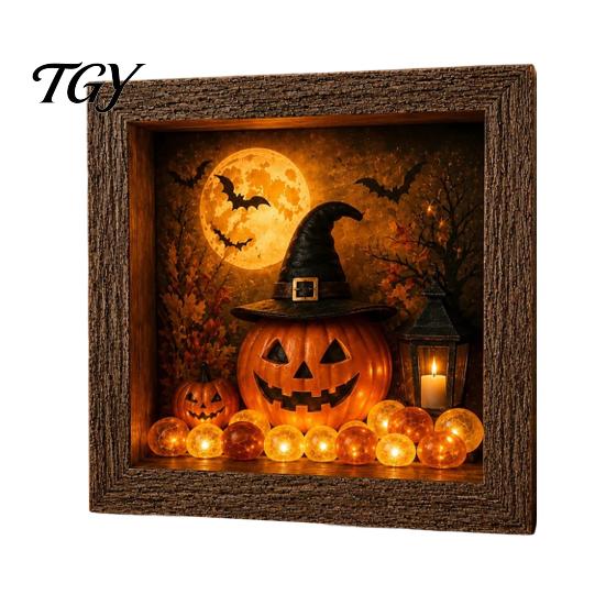 DIY Memory Box Display Lighted Halloween Ghost Shadow Kit, Wooden Frame LED Warm Light, Gothic Decorative Lamp with Crystal Glass Panel, Night