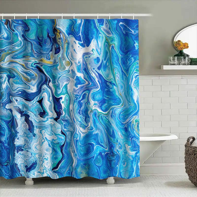 Modern Blue White Shower Curtain Waterproof Fabric Bath Decor Abstract Design Print Room Decoration Extra Long 72x84in (193cm x