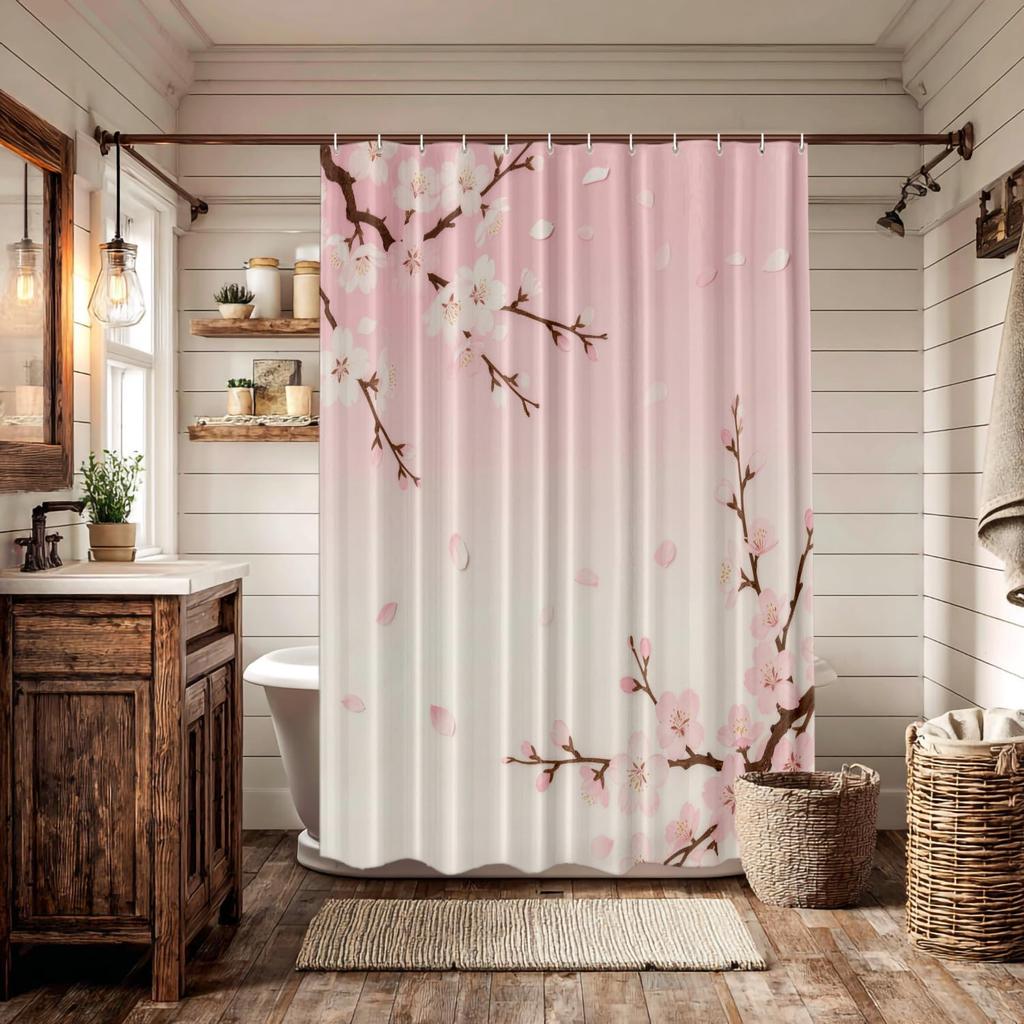 Pink Sakura Blossom Gradient Pattern Waterproof Shower Curtain 180x200 Spring Floral Print Bath Curtain for Romantic Home Decor