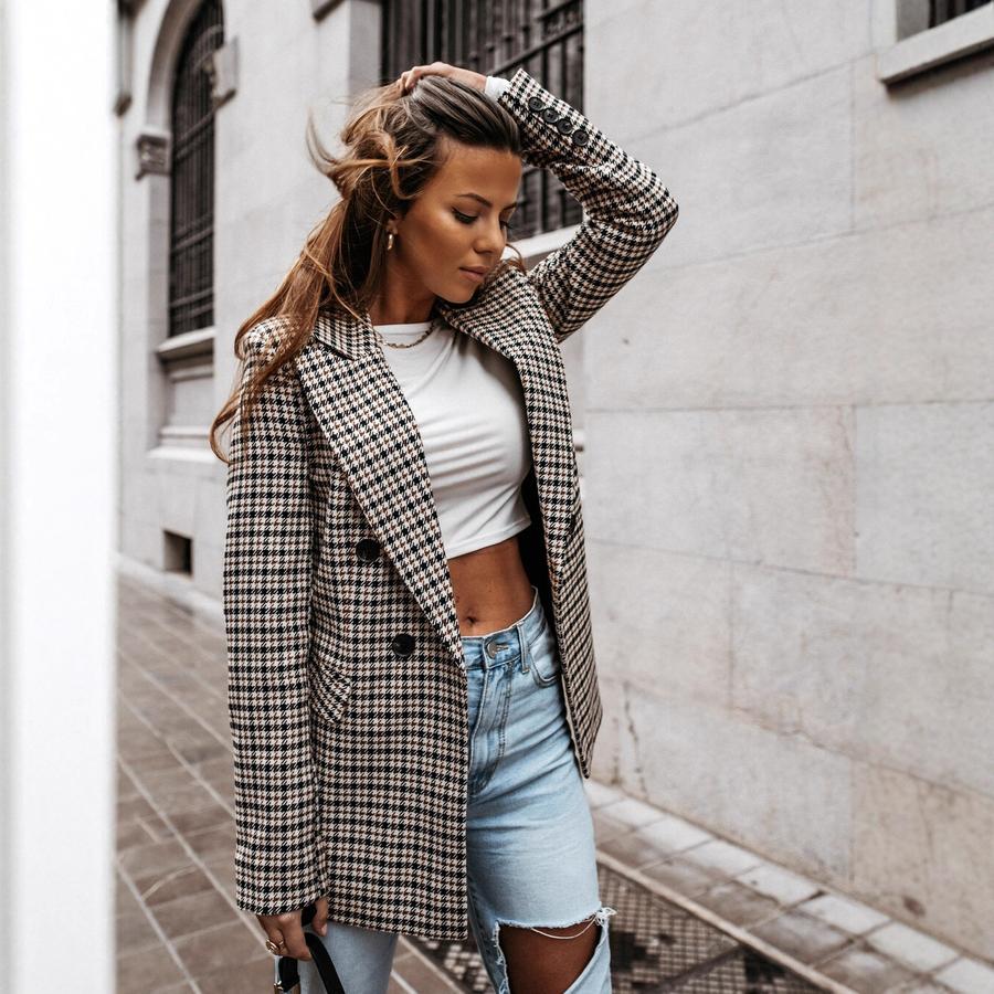 Spring/Autumn Women's Trench Coat, Fit Collar Mid-Length Checkered Blazer