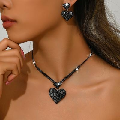 3pcs Sweet Gentle Heart Diamond Splicing Women's Necklace Earring Set Music Festival Party Niche Fashion Matching Accessories