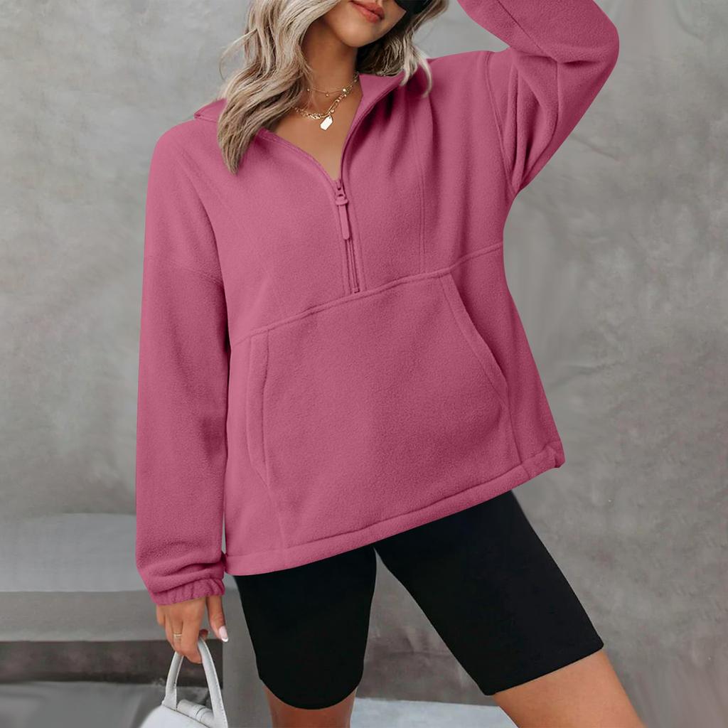 Women's Fleece Sporty Half-zipper Pullover, Fashionable Loose Long-sleeved Street-style Sweatshirt Top