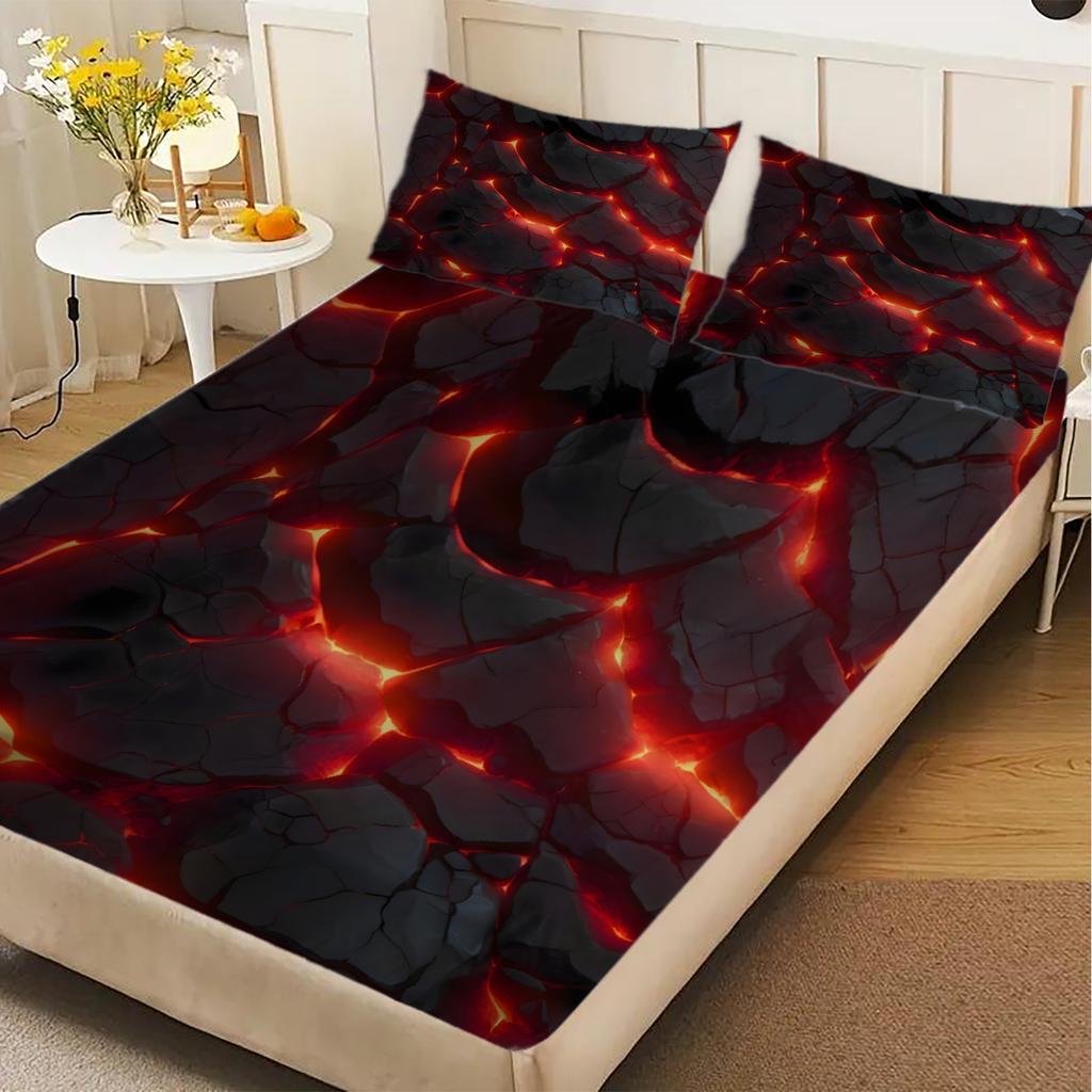 1 Simple Red Glowing Polygon Printed Matte Fitted Sheet, Bedroom Printed Bed Cover, Bedding (excluding Pillowcases)