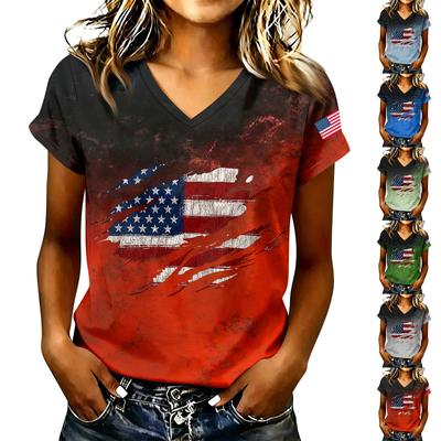 Damski Casualowy T-shirt z Dekoltem V Krótkim Rękawem Nadruk Flagi Amerykańskiej Lekki Letni Top Miękki Materiał Luźny Krój