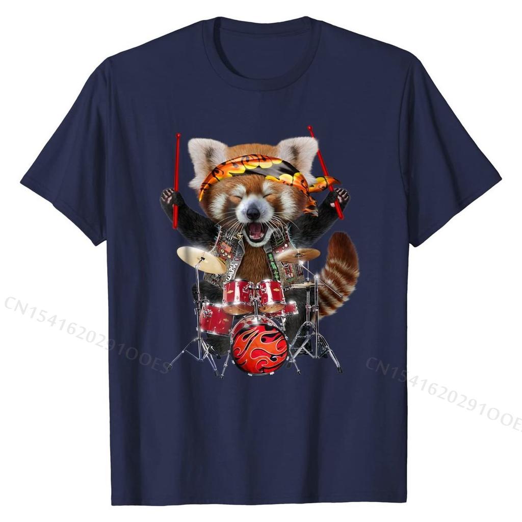 Punk Red Panda Play Drum In Heavy Metal Band - T-Shirt Europe Top T-shirts for Men Cotton Tops & Tees Personalized Classic