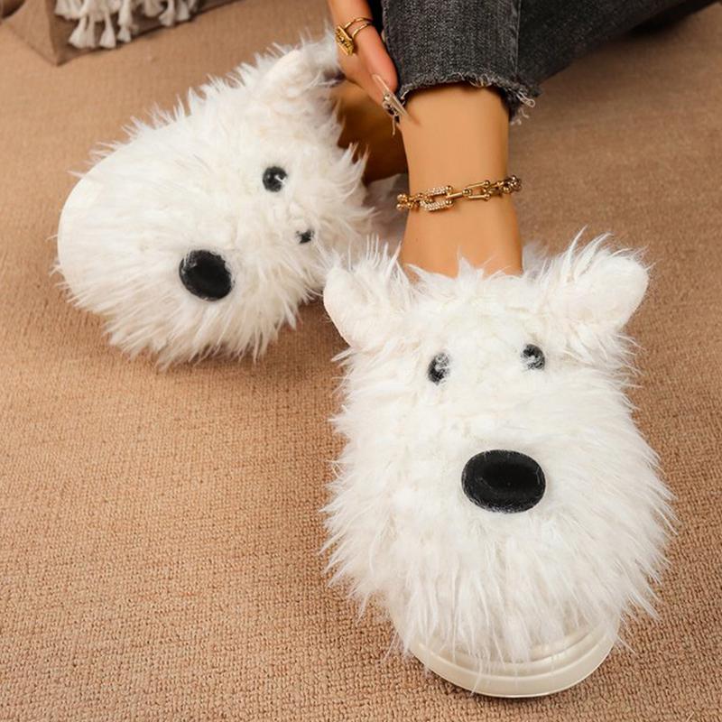 Fashion Cute Cartoon Dog Fur Slippers Women Soft Platform Furry Cotton Slippers Woman Winter Slip On Plush Warm Cotton Slides Female
