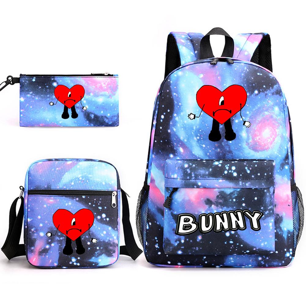 Popular Novelty Cool Bad Bunny Print 3pcs/Set Pupil School Bags Laptop Daypack Backpack Inclined Shoulder Bag Pencil Case