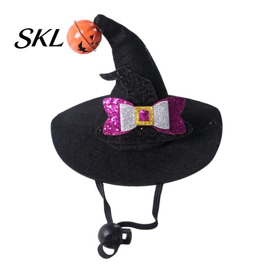 Pet Halloween Hat Cat Wizard Hat, Bent Pointed with Pumpkin Bell, Sequined Bow Festive for Cats Small Dogs Stiff Felt