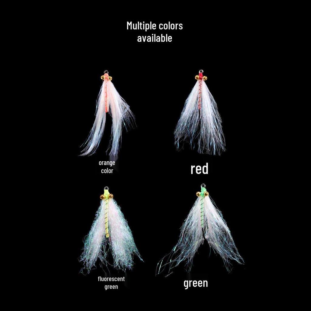 Ice Silk Shrimp Fishing Lure: Crazy Charlie Fly Hook with Sunflower Sequins, Red Tail, and Green Shoot for Bass and Mandarin Fish.