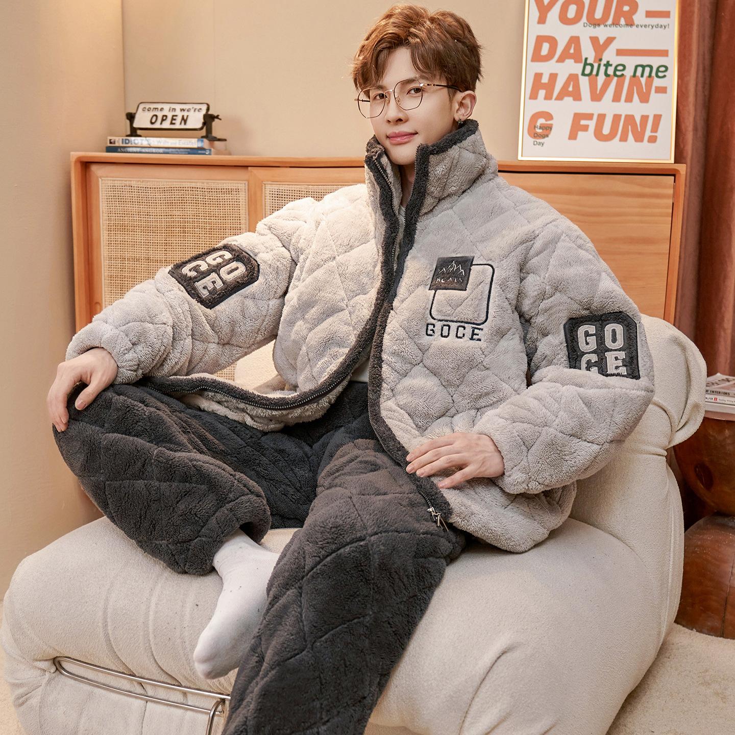 Pajamas Men`S Winter Three-Layer Cotton Padded