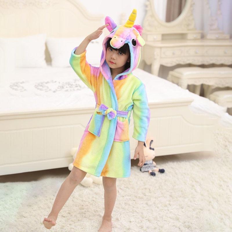Unicorn Kids Unisex Bathrobe Girls Boys Hooded Pajamas Sleepwear Nightwear