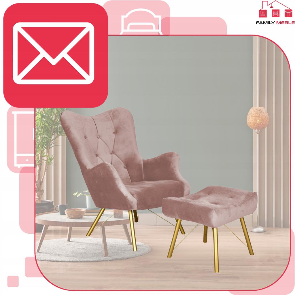 Scandinavian Armchair Luna with Footrest, Pouffe, Button, Family Meble, Lilac, Dirty Pink