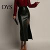 Hip Skirt Midi High Waist Artificial Leather with Slit Design Pure Versatile Color Slimming Fit Office Lady Work Leisure Daily Wear Women Waisted