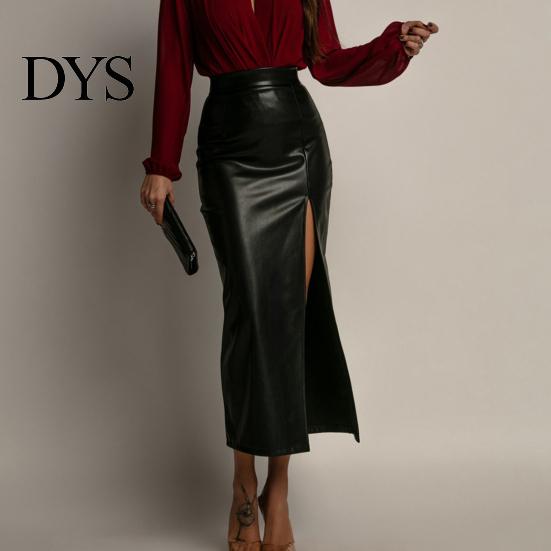 Hip Skirt Midi High Waist Artificial Leather with Slit Design Pure Versatile Color Slimming Fit Office Lady Work Leisure Daily Wear Women Waisted