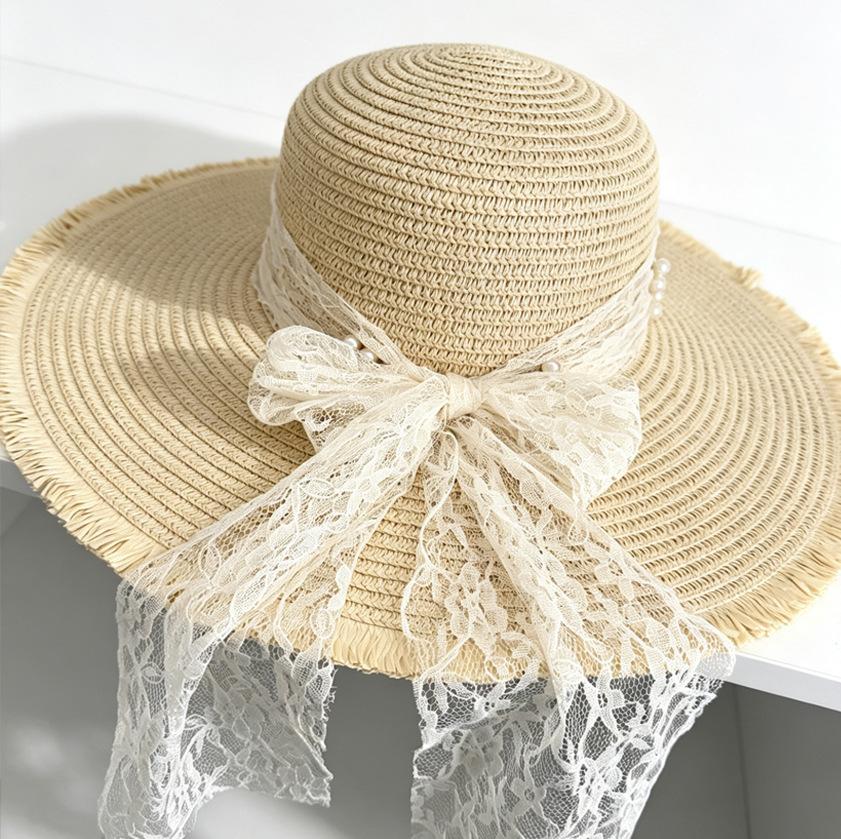 Big-Brimmed Straw Hat Women'S Summer Sunscreen Sun Hat Seaside Vacation Lace Bow Beach Hat Show Face