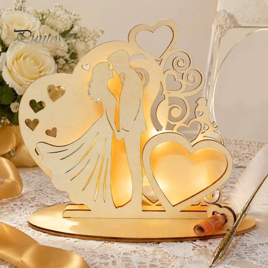 Unique Wedding Sign-in Decor Wooden Couple Ornaments with LED Lights, Romantic Statue Heart Atmosphere Lamp Design, Warm Glow Tabletop Night Light for