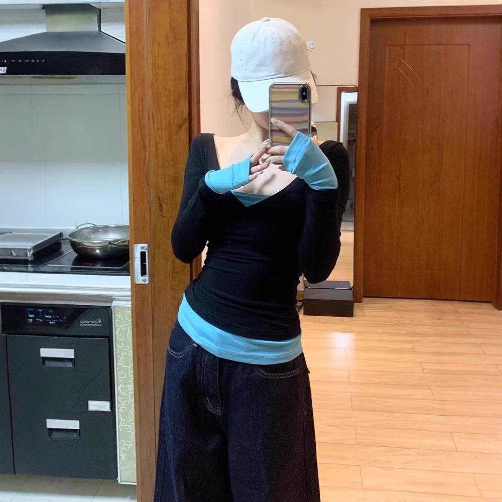 

Шикарная облегающая талию футболка с V-образным вырезом и эффектом двух частей с длинным рукавом для женщин - Приталенный крой, Острый американский стиль Весенний топ S