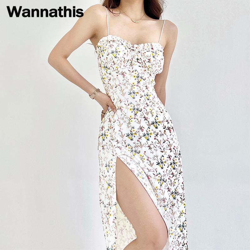 

WannaThis Sexy Y2K Slip Платья Летние женщины Цветочный принт Без рукавов Высокий Сплит Мода Элегантная вечеринка Уличная одежда Повседневная одежда