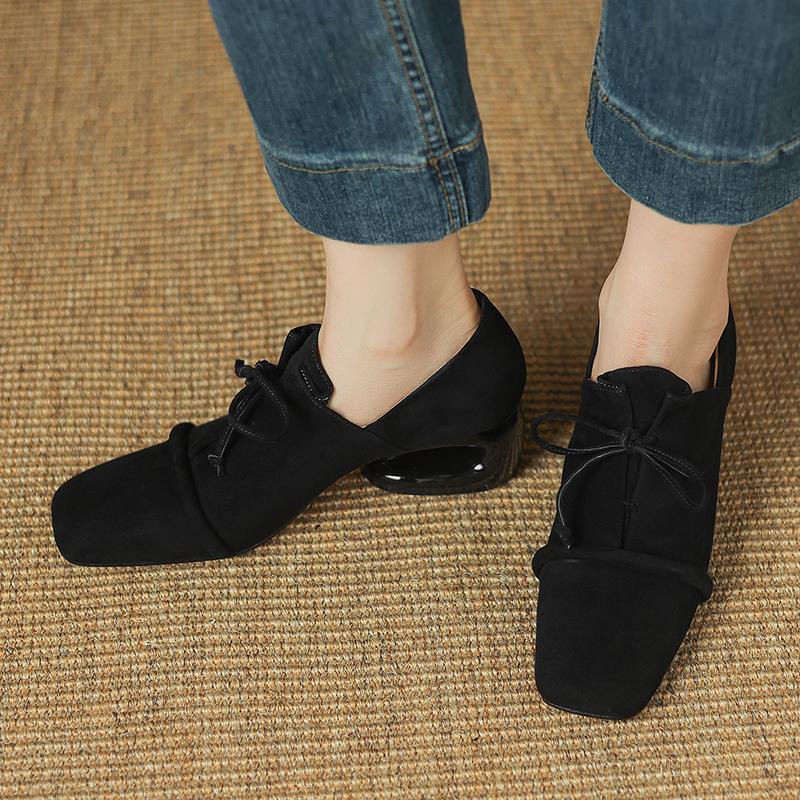 Fashion 2025 New Women Pumps Sheep Suede Leather Shoes for Square Toe Low Heel Shoes Casual Lace-up Handmade Shoes 34-42 Women Heels