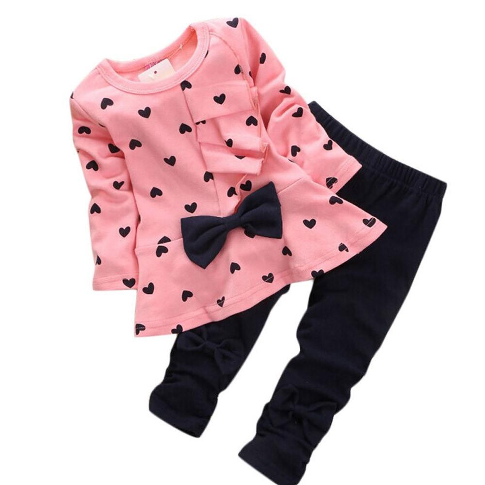 Joliannss Baby Clothing Sets Heart-shaped Print Bow Cute 2PCS Kids Set T Shirt + Pants