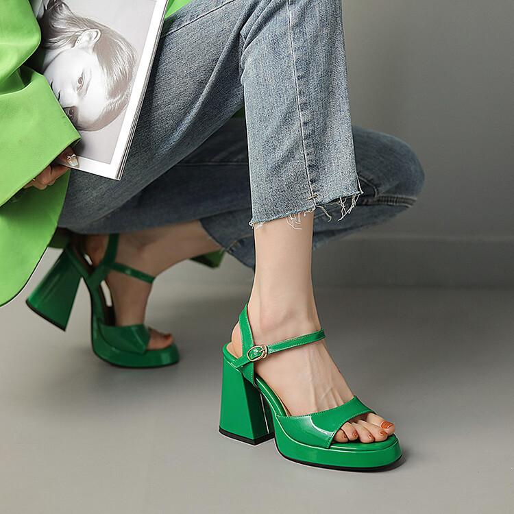 Fashion New patent leather round head fish mouth hollow buckle waterproof platform thick heel high heel sandals for women