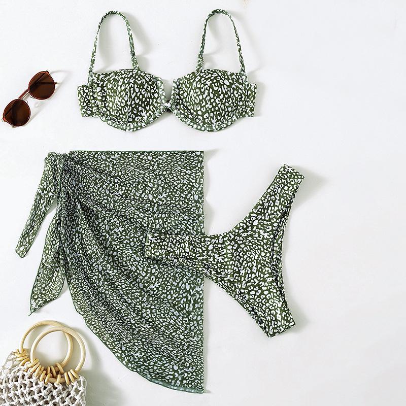 2025 Multicolor Leopard Mesh Skirted Swimsuit with Steel Underwire and Sexy Hollow Out, Three-Piece Bikini