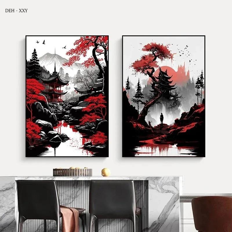 Leinwandmalerei Japanische Naturlandschaft Berg Tempel Leinwandposter Vintage Schwarz Rote Tuschekunst Wandkunst Drucke Heimdekor