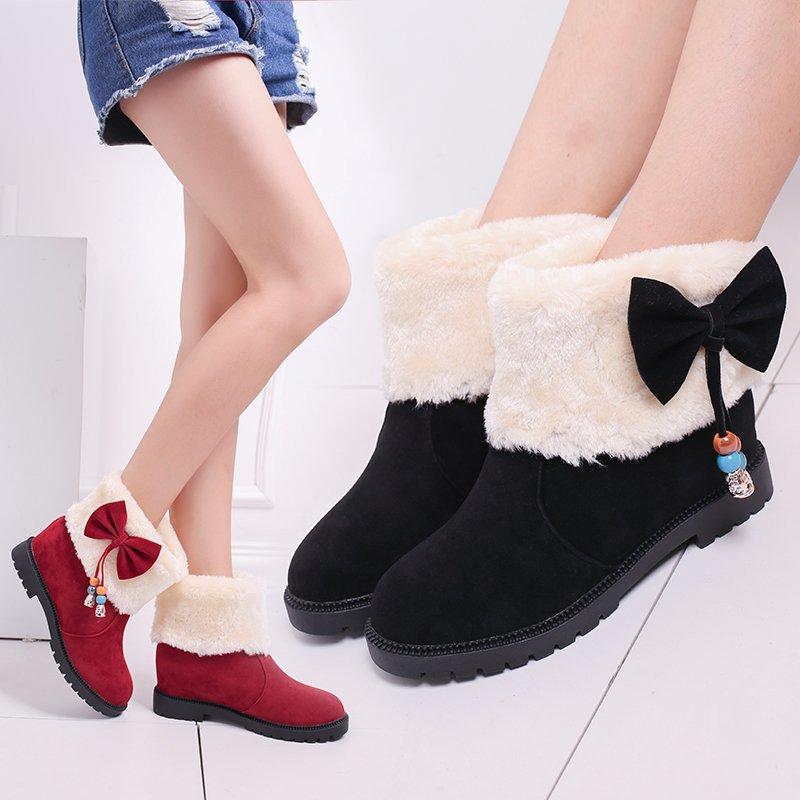 Winter Snow Boots Women's New Round Head Flat Bottom Bow Cotton Shoes Short Tube Velvet Student Women's Boots
