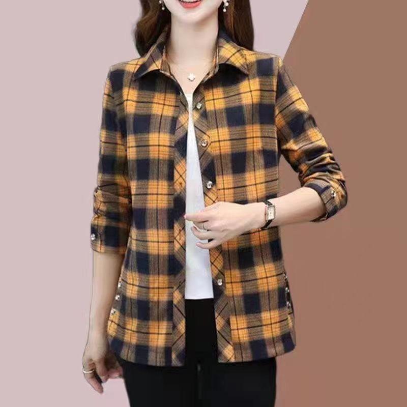 Spring Autumn Elegant Fashion Harajuku Plaid Tops Women Loose Casual All Match Lady Shirt Polo Button Long Sleeve Blusa