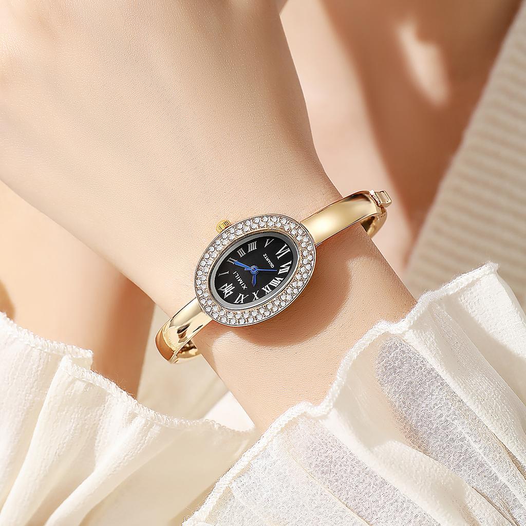 Retro Bracelet Oval Diamond-Set Light Luxury Small Hand Watch Niche Simple Temperament Versatile Quartz Watch
