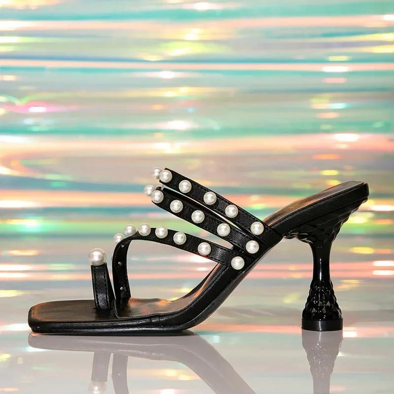 Fashion Fashion Pearl Decoration Design Brand Slippers Women Black Square Toe Narrow Band Slide Sandals Sexy Open Toe High Heeled Sandal
