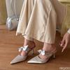 Ladies Elegant Silk Shoes Sexy Pointed Half Slippers Fashion Bow High Heels Comfortable Casual Women's Slippers Mujer Zapatos