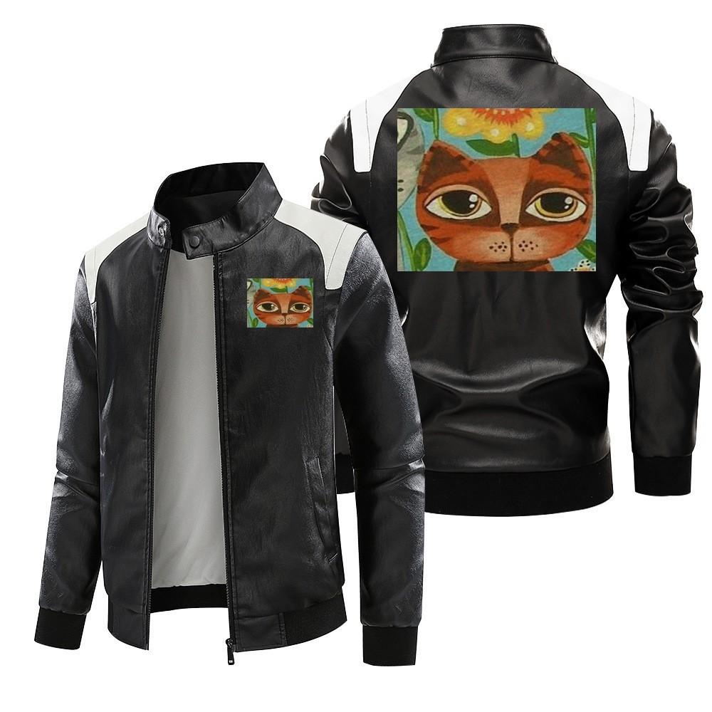 [European size velvet black and white leather jacket] Kitten series thickened locomotive autumn and winter jacket PU leather jacket