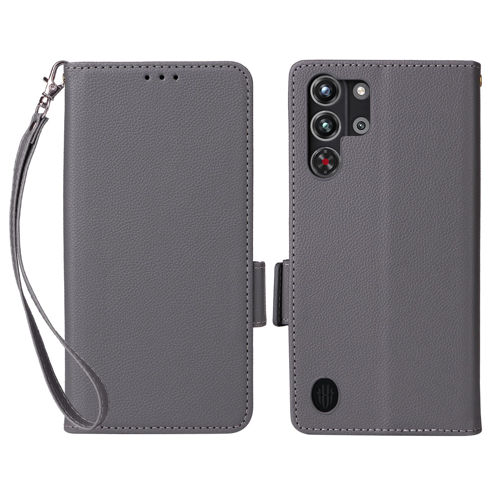 

For ZTE nubia Red Magic 10 Pro 5G/10 Pro+ 5G Case with Wrist Strap Litchi Texture PU Leather Wallet Phone Cover Grey