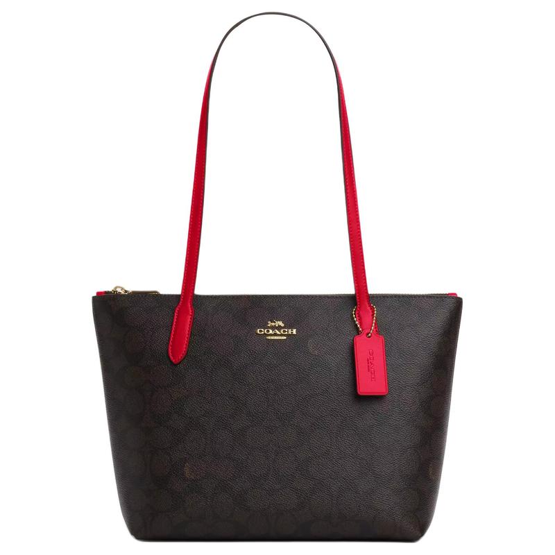

COACH 24 Brand logo zipper closure, coated canvas, Tote bag, shopping bag, shoulder bag, medium size, women s walnut color коричневий