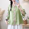 Top da Donna Estivo Retro Nuovo Stile Cinese Cotone e Lino a Contrasto Ricamato con Maniche a Trombetta Stile Etnico, Cardigan Largo e Modellante