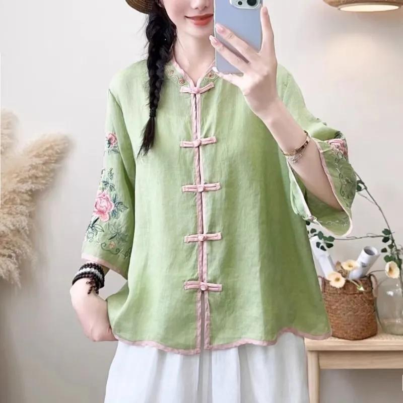 Top da Donna Estivo Retro Nuovo Stile Cinese Cotone e Lino a Contrasto Ricamato con Maniche a Trombetta Stile Etnico, Cardigan Largo e Modellante