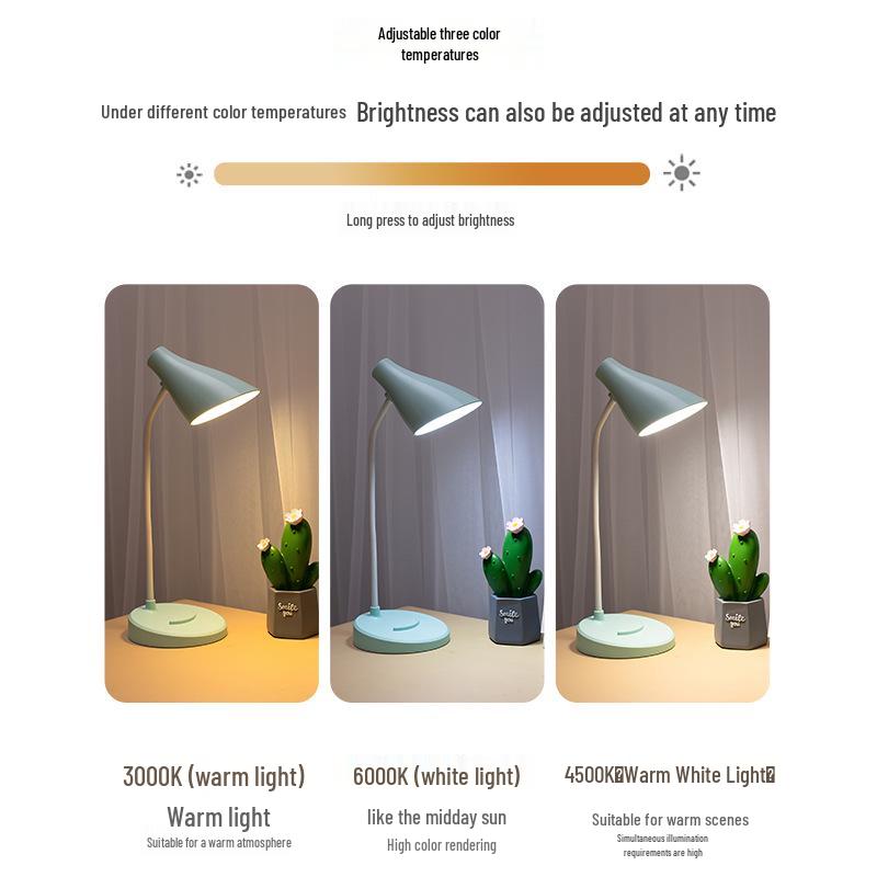 LED Desk Lamp with Eye Protection, Three-Level Dimming, USB Charging & Plug-in, Dual Use for Bedroom or Dorm.