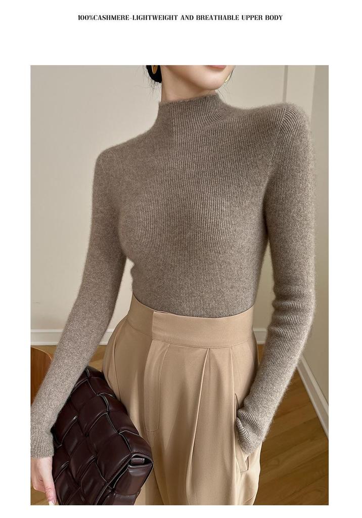 Women's Autumn/Winter Pure Cashmere Striped Slim-Fit Sweater with Half-High Neck