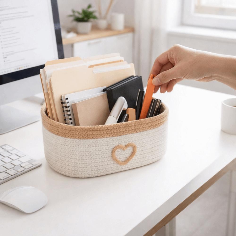 Cotton Rope Weaving Storage Basket Handmade Nordic Style Stationery Storage Box Heart Pattern Desktop Organizer Home Sundries