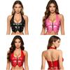 Ladies Y2k Glossy PU Mini Corset Top Halter Neck V Cut Front Zip Back Lace Up Sleeveless Crop Vest for Nightclub Party