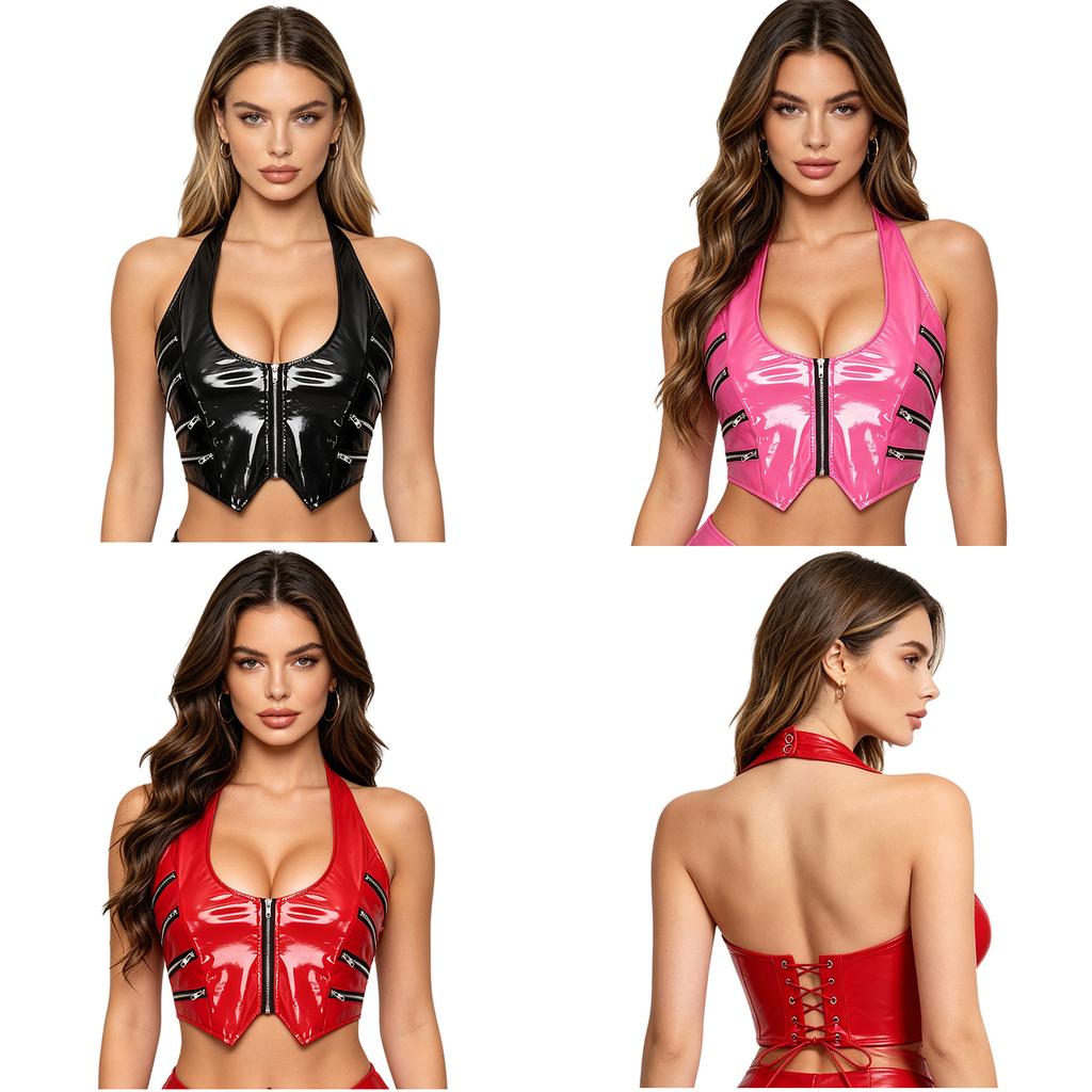 Ladies Y2k Glossy PU Mini Corset Top Halter Neck V Cut Front Zip Back Lace Up Sleeveless Crop Vest for Nightclub Party