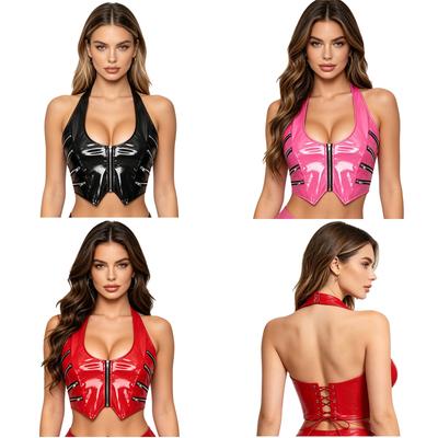 Women Glossy PU Leather Halter Crop Top Zip Details Front Zipper Back Lace Up V Neck Mini Corset Y2k Clubwear