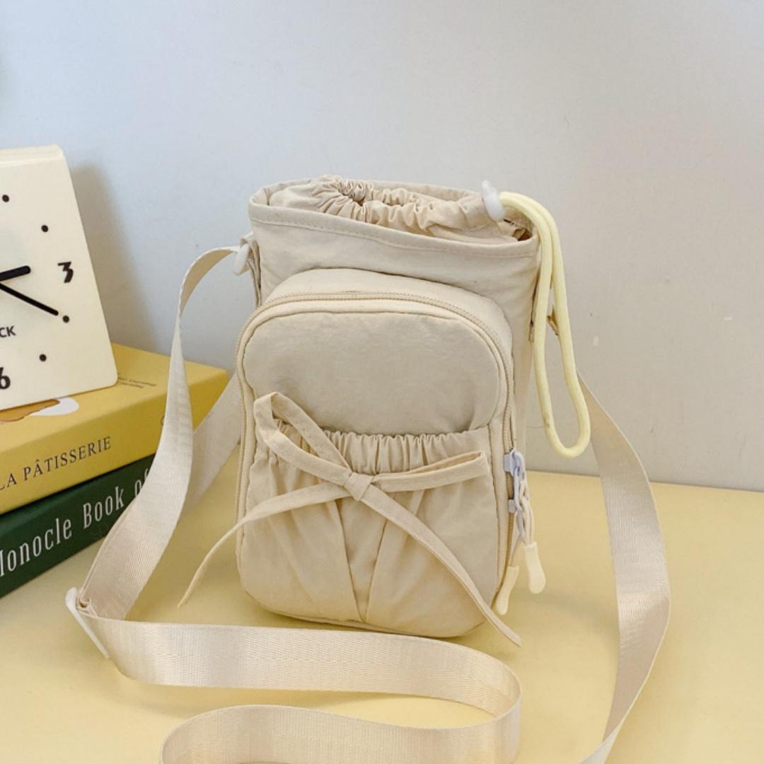 Women Bow Fashion Nylon Pleated Shoulder Bag Adjustable Strap Korean Crossbody Bag Solid Color Phone Bag Purses Female Handbag бежевый