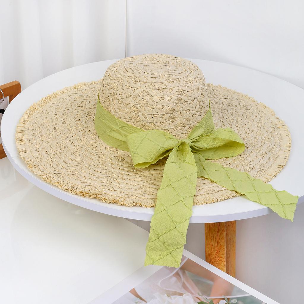 Lace Bow Straw Hat Women's Summer French Large Brim Sunscreen Hat Seaside Beach Vacation Sun Hat