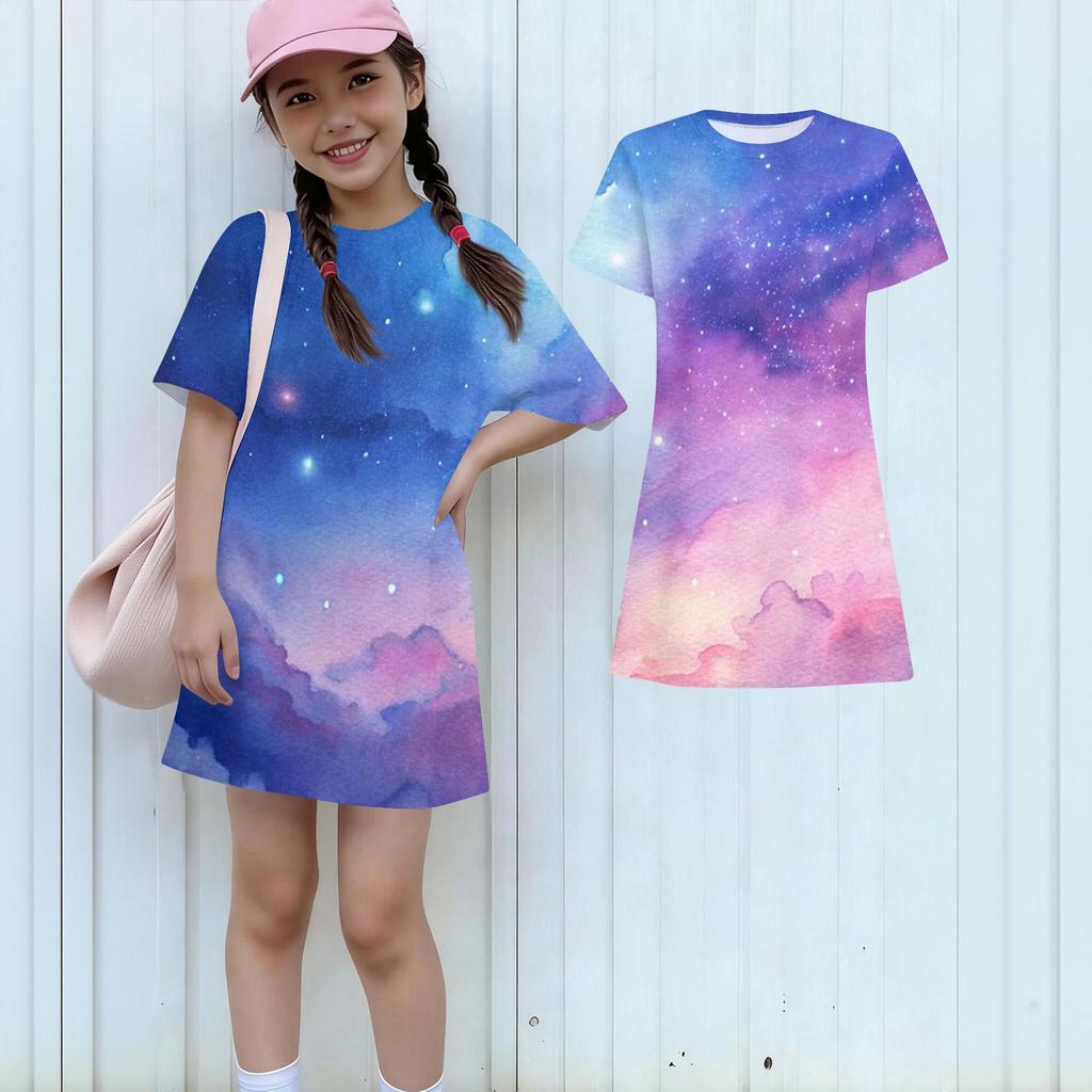 Girls Independence Day Print Casual Dress Kids Loose Round Neck Short Sleeve Thin Sundress