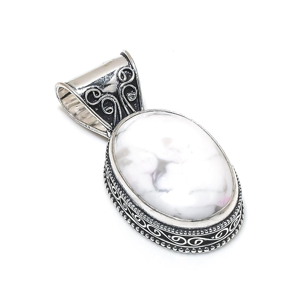 Natural Howlite Gemstone Silver Pendant In 925 Sterling Silver - Handmade Oval Design, Everyday Wear Jewelry Engagement Gift