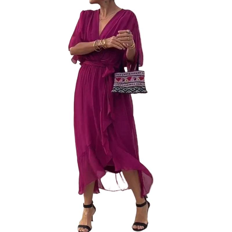 Vestido elegante feminino de verão 2025 novo estilo decote em V com cadarço manga morcego