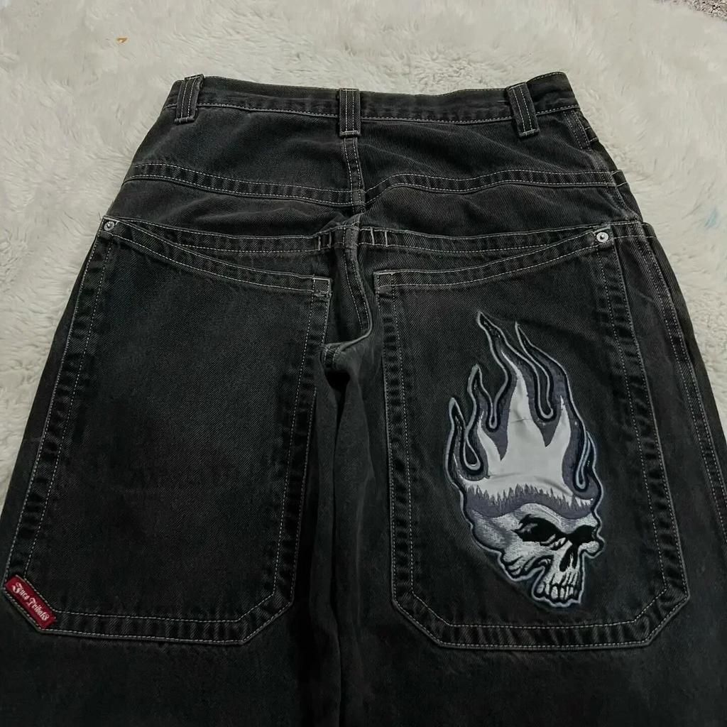 Streetwear Jeans Y2K Harajuku Hip-Hop Cartoon Bestickt Schwarz Locker Herren Weite Jeans